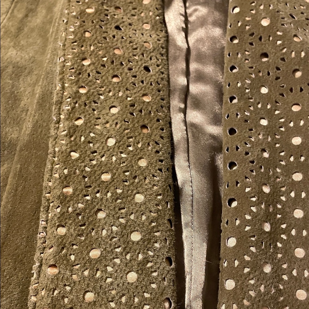 IMAN Olive Green Suede Open-Front Blazer with Embellished Collar 💯 leather - Picture 3 of 8